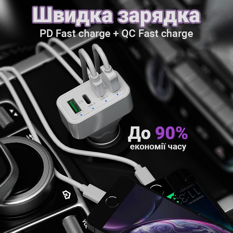 Автомобільний зарядний пристрій на 4 порти USB OEM K26, 40W, 2 USB + 2 Type C