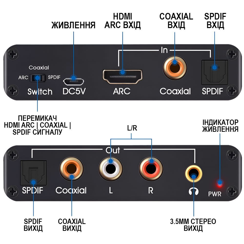 HDMI ARC аудио экстрактор Addap HAE03 192kHz, конвертер звука из цифрового HDMI ARC/Optical/Coaxial на аналоговый RCA, AUX 3.5 мм, 192kHz