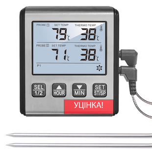 УЦІНКА! Кухонний цифровий термометр + таймер UChef TP-710s, з 2-ма виносними щупами, сигналізатором, магнітом і програмами смаження м'яса