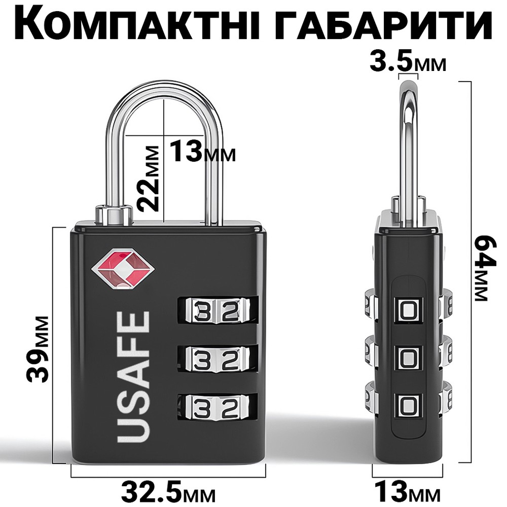 Замок навесной с 3-значным кодом для багажа USafe CP03, подвесная колодка с комбинацией и доступ TSA