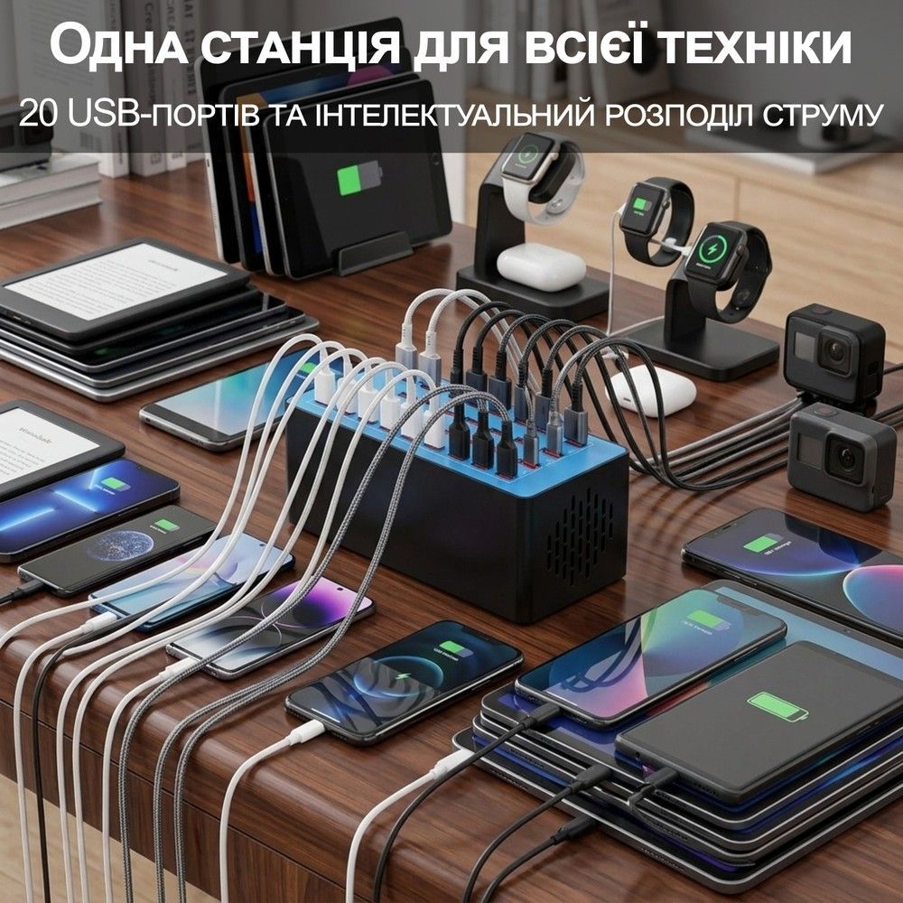 Док-станція | зарядний пристрій на 20 USB портів Digital Lion CS-A5+, 100W, блакитна