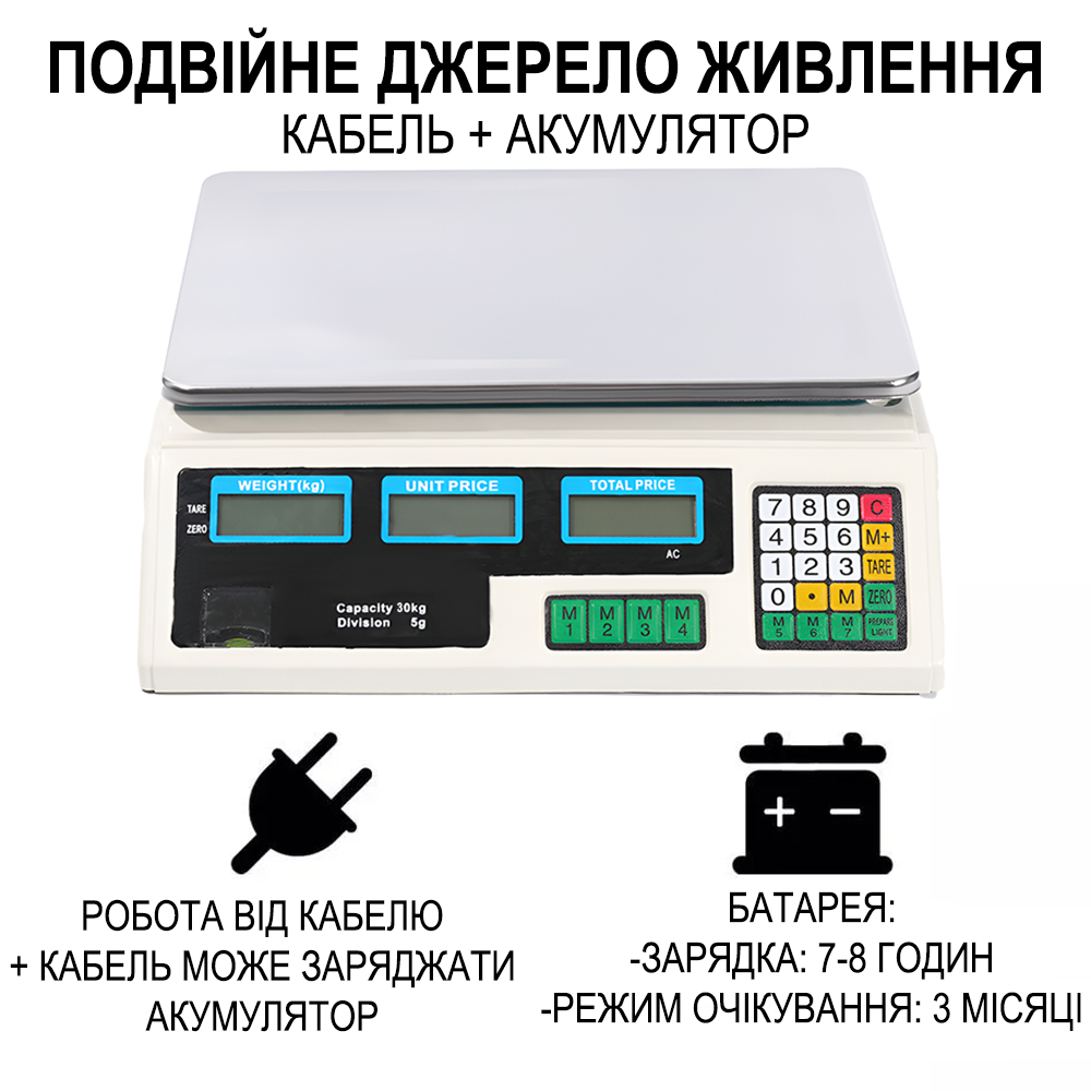 Электронные торговые весы до 30 кг Digital Lion ACSA9, весы для торговли с дисплеем и расчетом стоимости, с точностью до 5г, белые