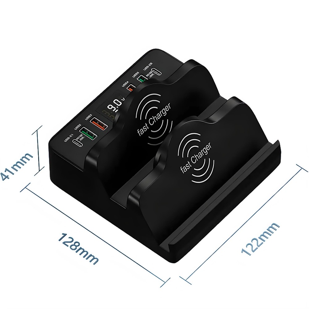 Зарядна док-станція на 6 портів з бездротовою панеллю OEM MCS-F6 | мультизарядний пристрій з підтримкою швидкої зарядки, Чорна