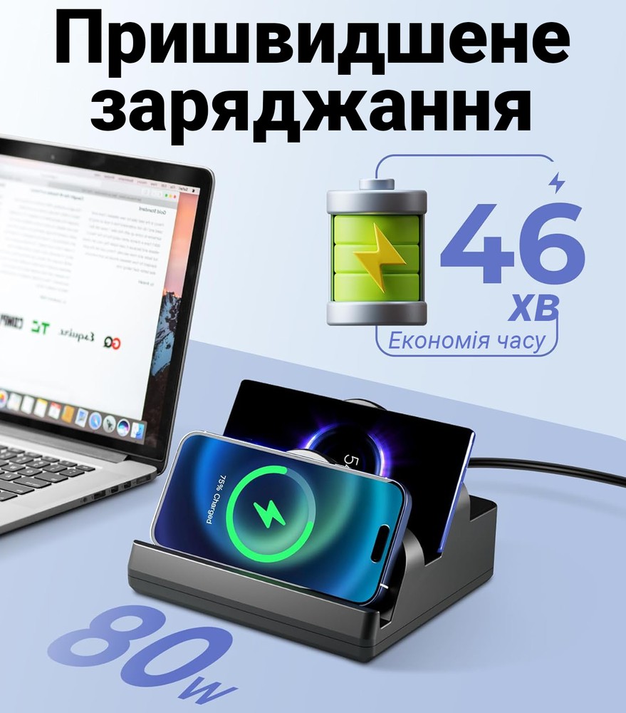 Зарядна док-станція на 6 портів з бездротовою панеллю OEM MCS-F6 | мультизарядний пристрій з підтримкою швидкої зарядки, Чорна