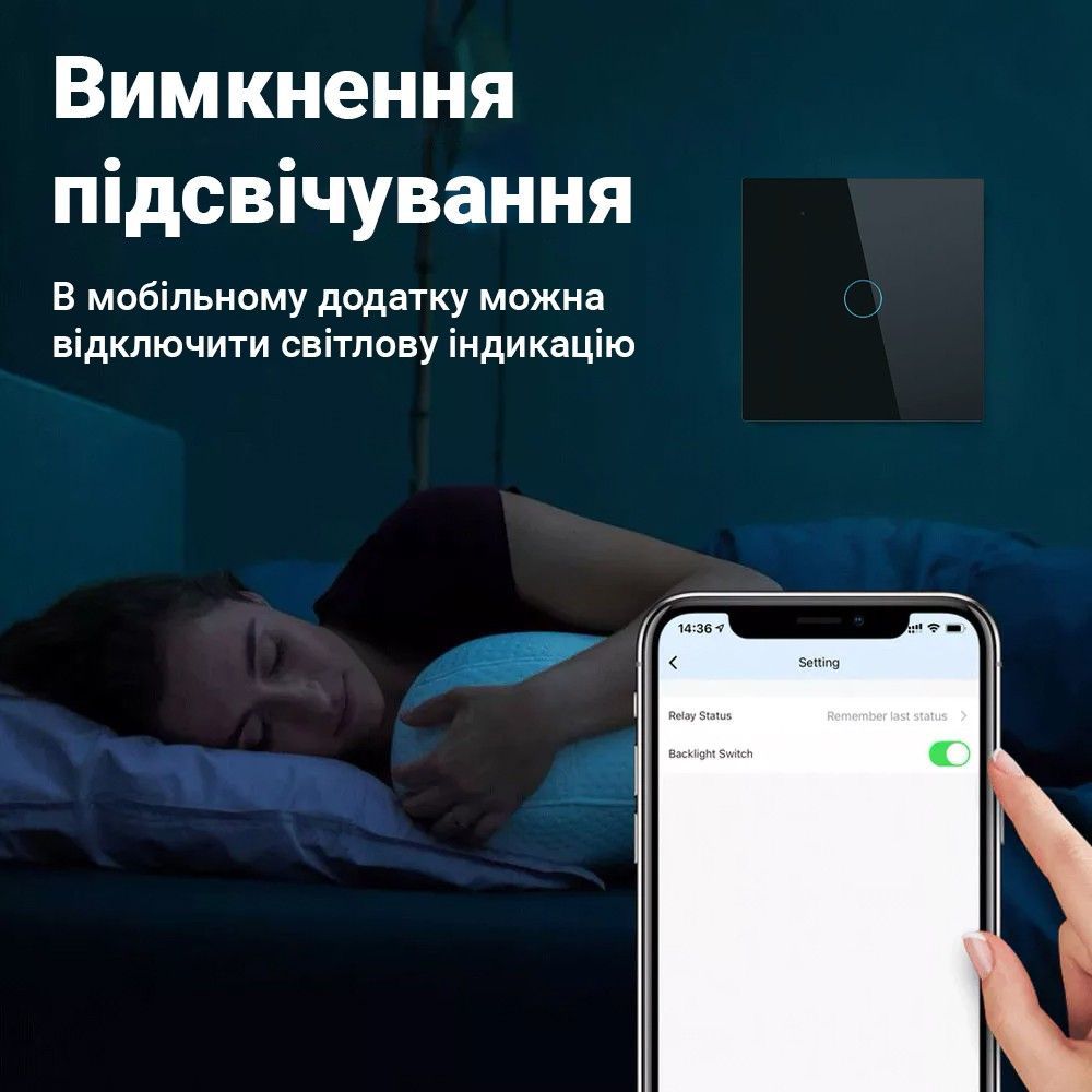 Одноканальный сенсорный WiFi выключатель с управлением через смартфон Digital Lion WS01, поддержка Tuya, с нулем, Black