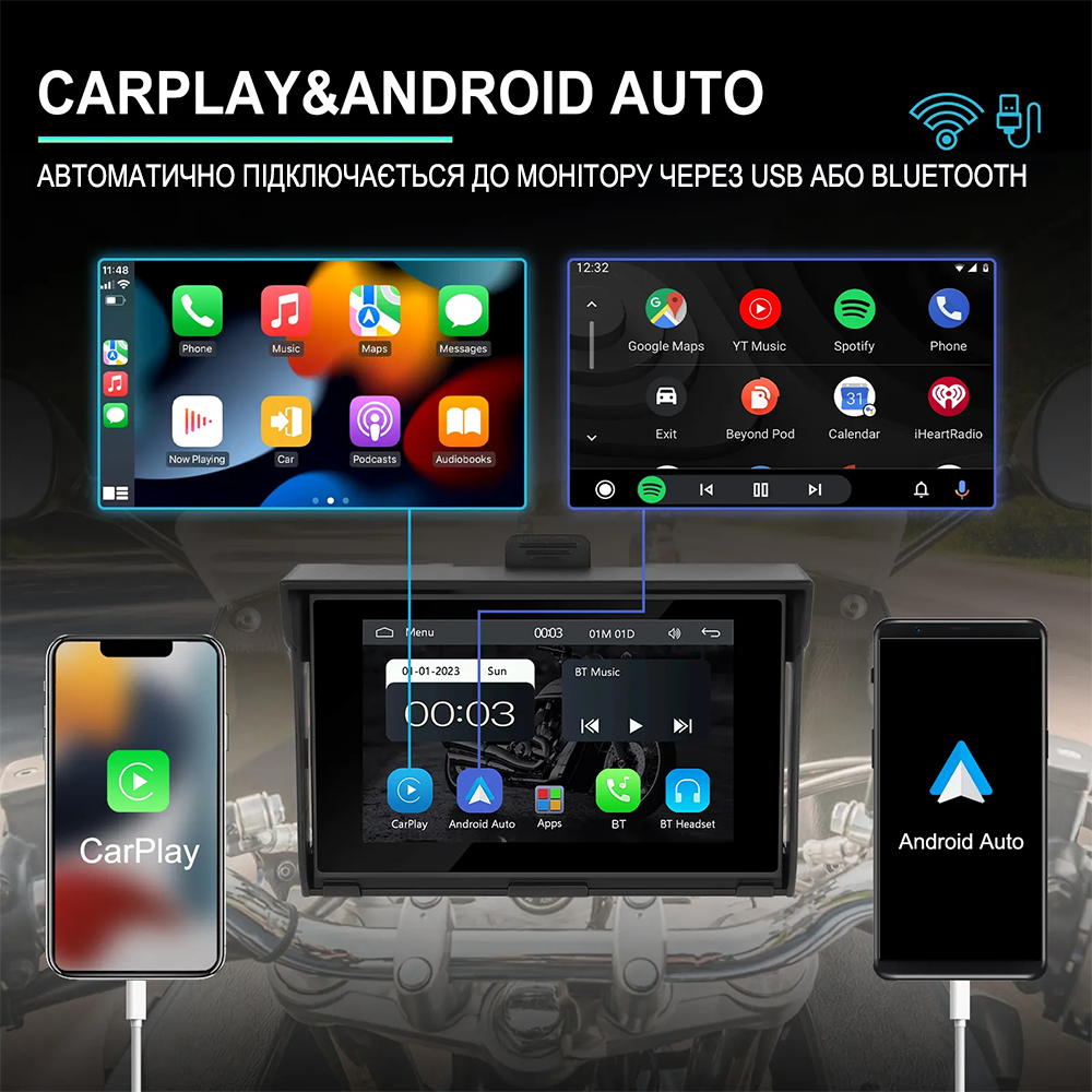 5" дюймовий мультимедійний монітор для мотоцикла Podofo A-3502 з Bluetooth, Wi-Fi, Apple CarPlay / Android Auto, GPS, чорний