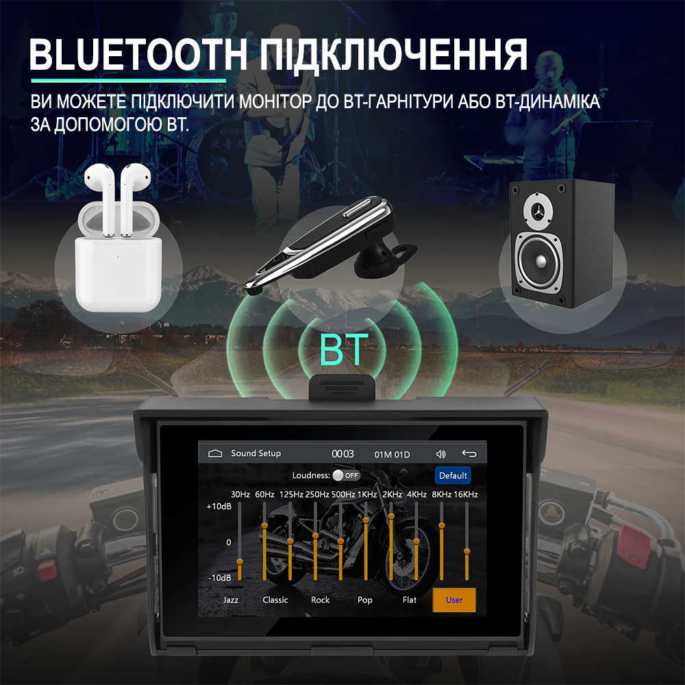 5" дюймовий мультимедійний монітор для мотоцикла Podofo A-3502 з Bluetooth, Wi-Fi, Apple CarPlay / Android Auto, GPS, чорний