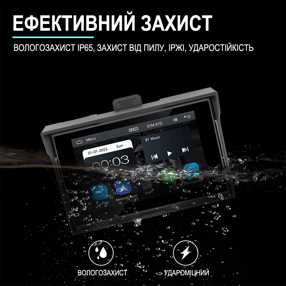 5" дюймовий мультимедійний монітор для мотоцикла Podofo A-3502 з Bluetooth, Wi-Fi, Apple CarPlay / Android Auto, GPS, чорний