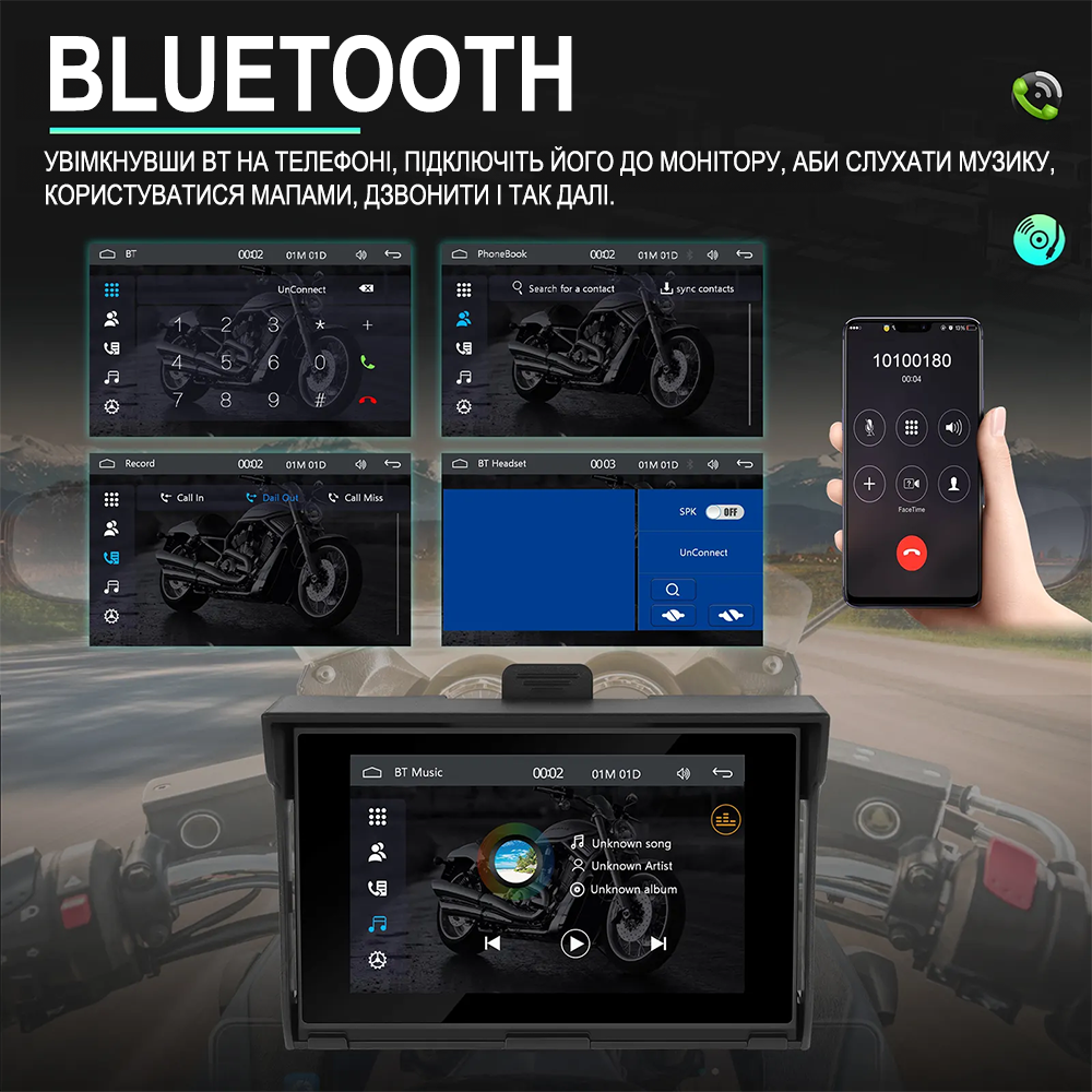 5" дюймовий мультимедійний монітор для мотоцикла Podofo A-3502 з Bluetooth, Wi-Fi, Apple CarPlay / Android Auto, GPS, чорний