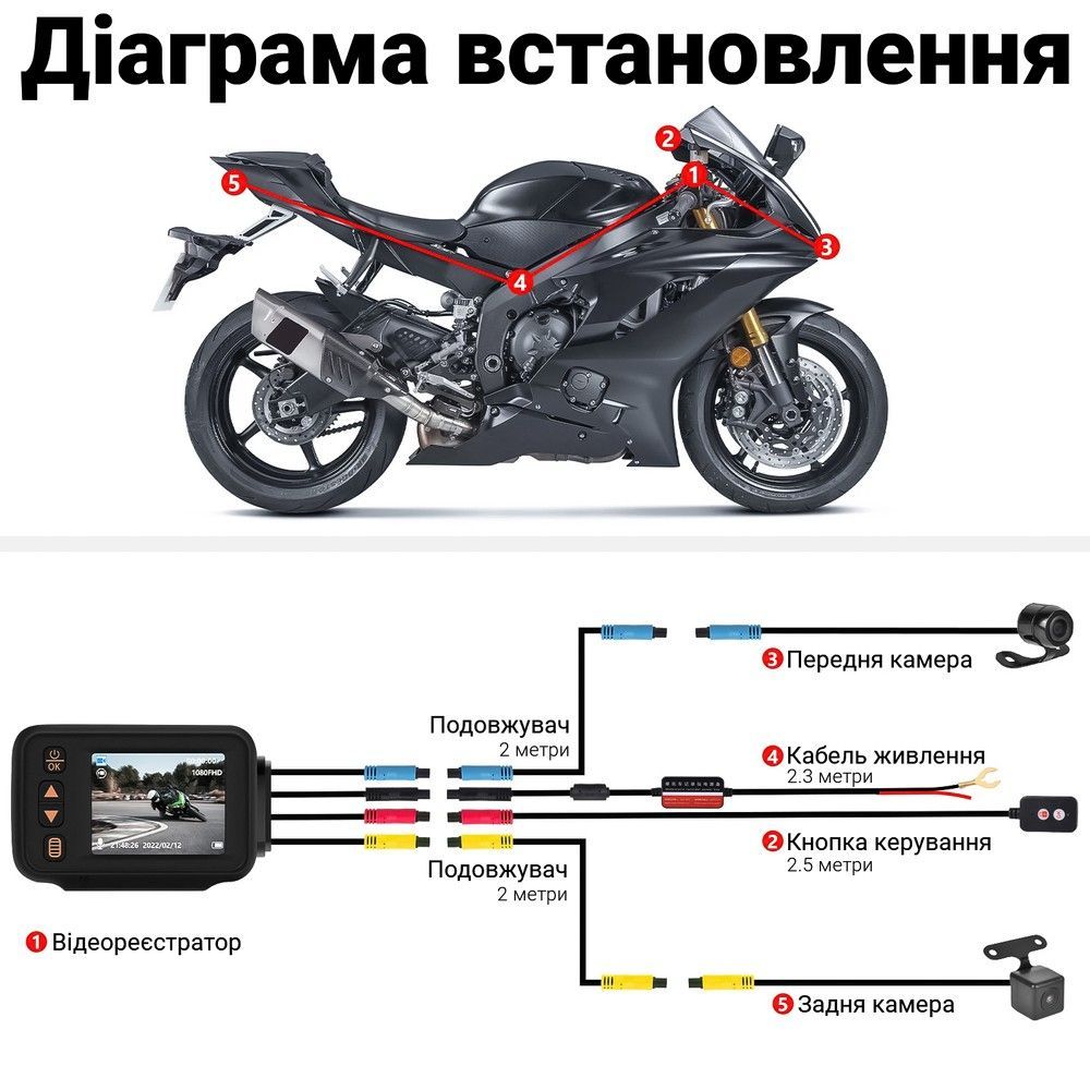 Реєстратор відео + фото для мотоцикла Podofo W-8122 з 2 камерами (передня + задня), FullHD