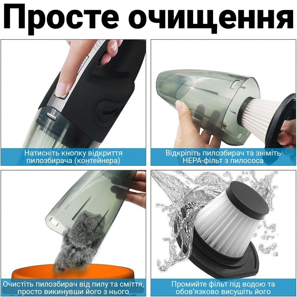 Портативный ручной автомобильный пылесос на аккумуляторе Podofo W-7416, с 4 насадками, для сухой и влажной уборки.