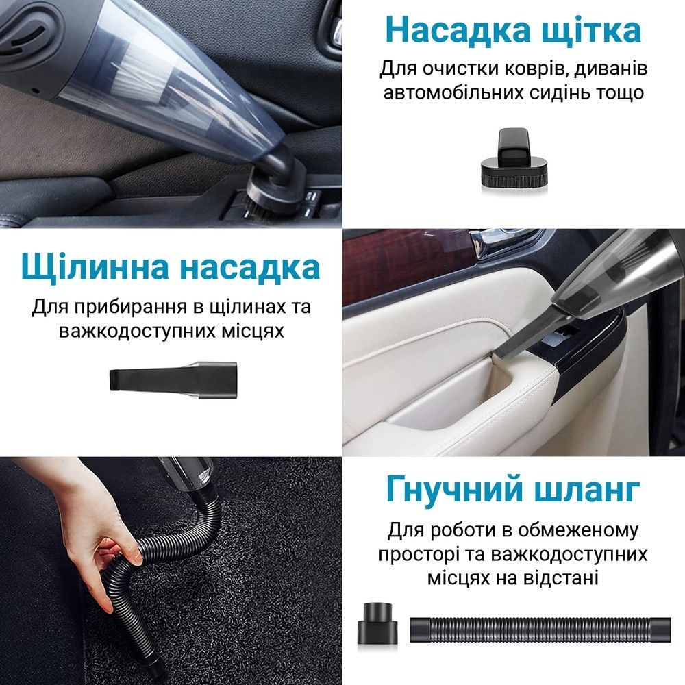 Портативный ручной автомобильный пылесос на аккумуляторе Podofo W-7416, с 4 насадками, для сухой и влажной уборки.
