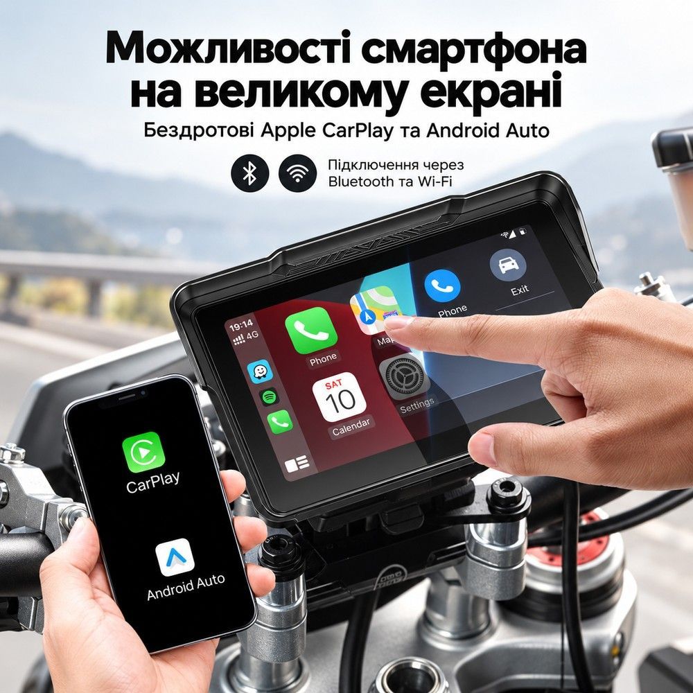 Мотоциклетний відеореєстратор з 2 камерами переднього та заднього огляду Podofo A4661 з Apple CarPlay, Android Auto, Bluetooth, DVR, TPMS та IP67