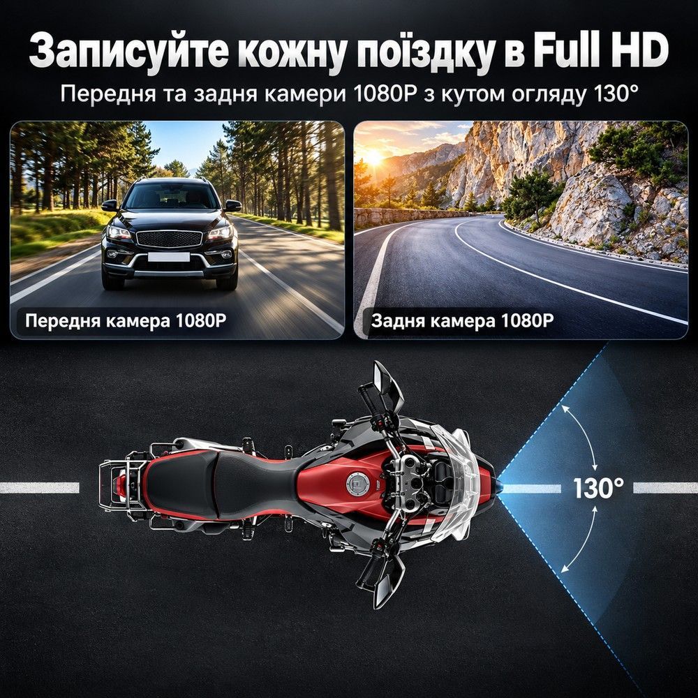 Мотоциклетний відеореєстратор з 2 камерами переднього та заднього огляду Podofo A4661 з Apple CarPlay, Android Auto, Bluetooth, DVR, TPMS та IP67