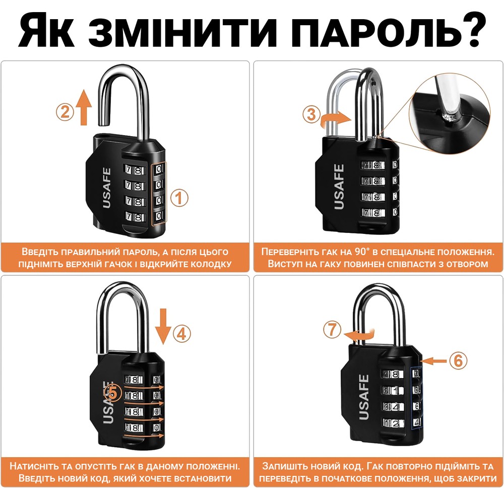 Подвесная колодка с 4-значным механическим кодом USafe CP01, металлический навесной замок с комбинацией без ключа