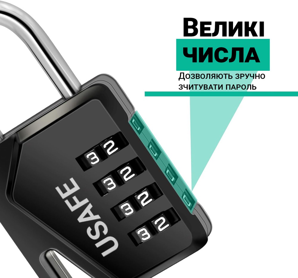 Замок навісний з 4-значним кодом USafe CP02, металева колодка з комбінацією без ключа