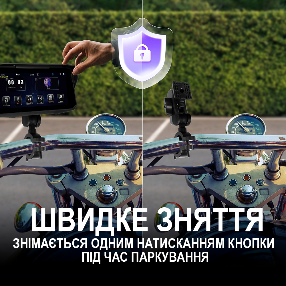 Мультимедийный монитор для мотоцикла со быстросъемным кронштейном Podofo A-4237 с 6.86" IPS-экраном, Bluetooth, Apple CarPlay и Android Auto