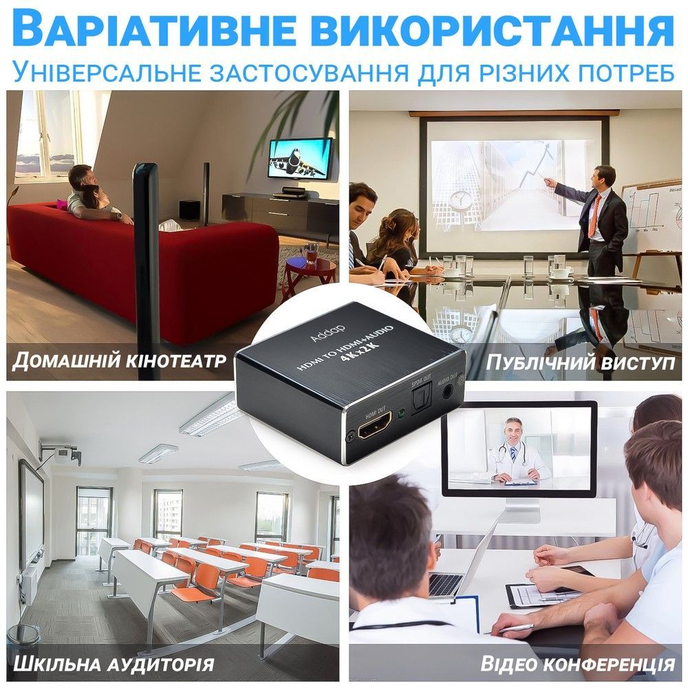 Цифровой HDMI аудио экстрактор, преобразователь звука с HDMI на 3,5 мм miniJack и SPDIF систему Addap HAE02, 4K