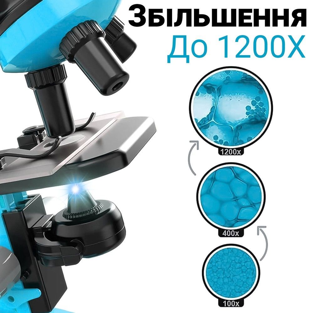 Детский научный набор: микроскоп для ребенка с увеличением 1200х uSmart 1012A1 + биологические образцы