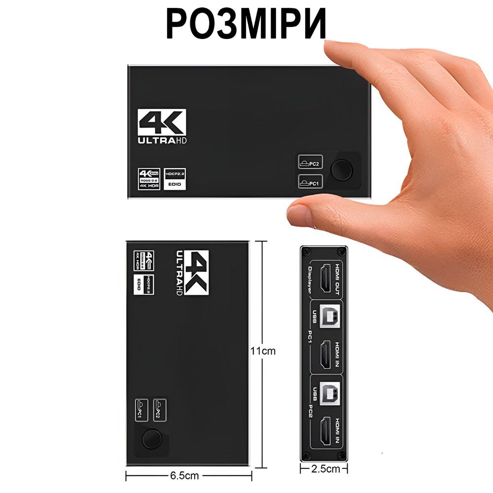 KVM-свич на 2 компьютера Addap KVMS01 | 2 портовый KVM переключатель, USB, HDMI, 4K, 60Гц