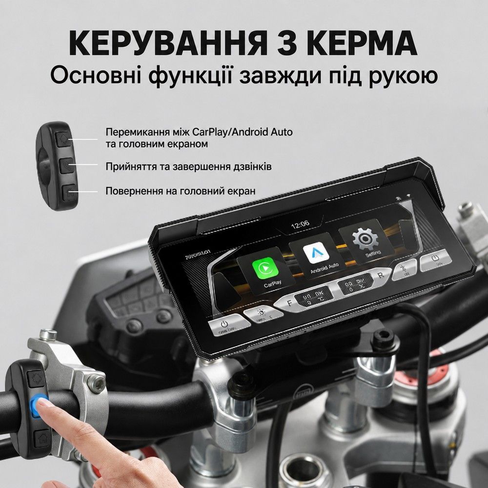 Монитор для мотоцикла 8.1" Podofo A4711 с беспроводным Apple CarPlay, Android Auto, Bluetooth, TPMS и IP67