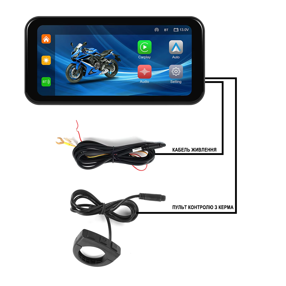 Мультимедийный монитор для мотоцикла с Apple CarPlay и Android Auto Podofo A-3659 с GPS, Bluetooth, Wi-Fi, 6,25", черный