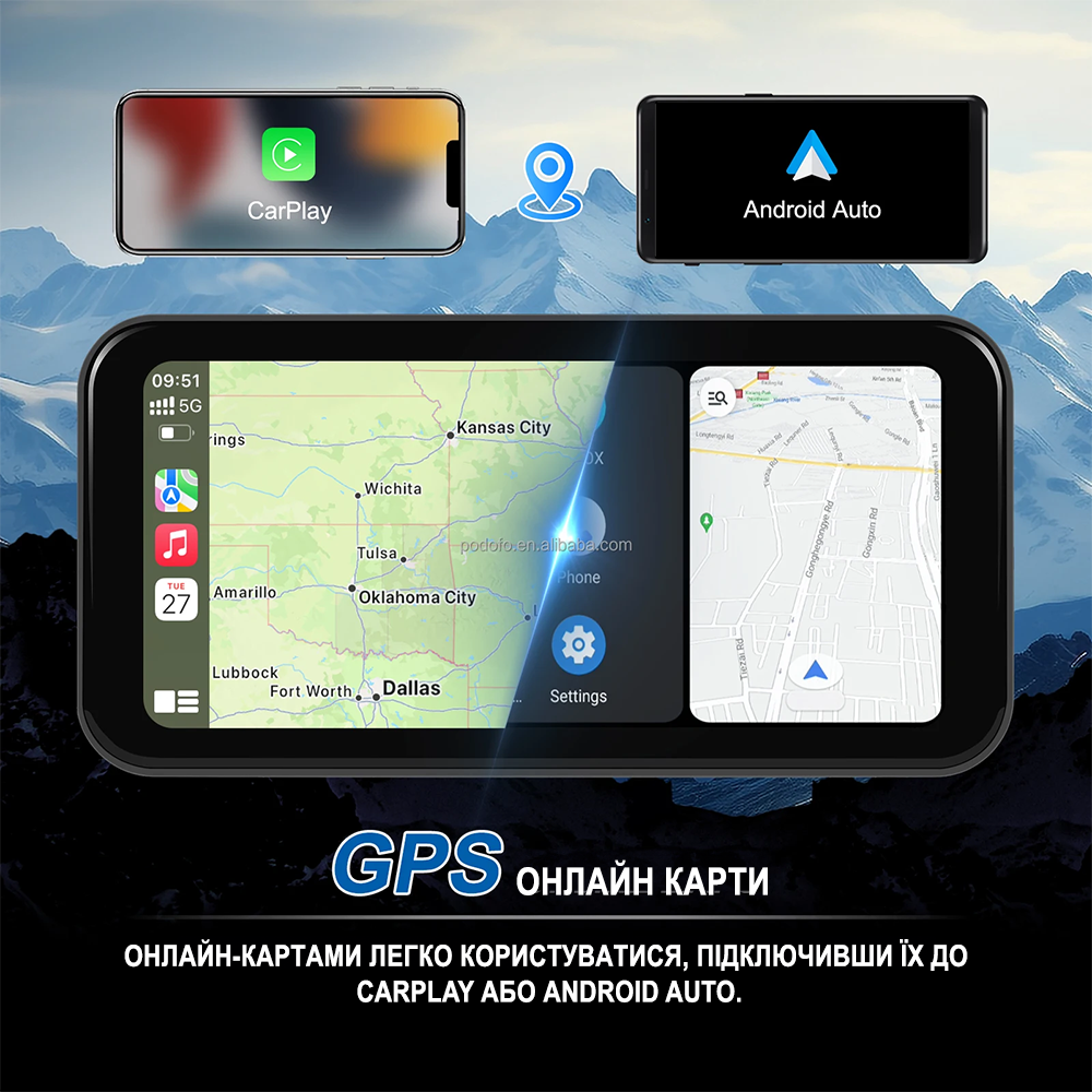 Мультимедийный монитор для мотоцикла с Apple CarPlay и Android Auto Podofo A-3659 с GPS, Bluetooth, Wi-Fi, 6,25", черный