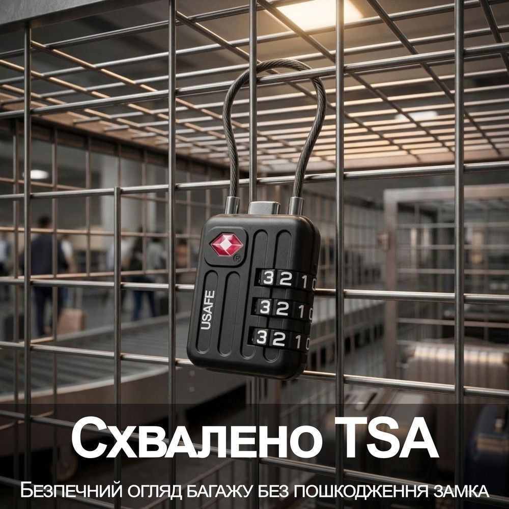 Підвісний замок USafe CP-06-TSA для багажу з гнучким тросом та зі змінним 3-значним кодом та підтримкою TSA ключа