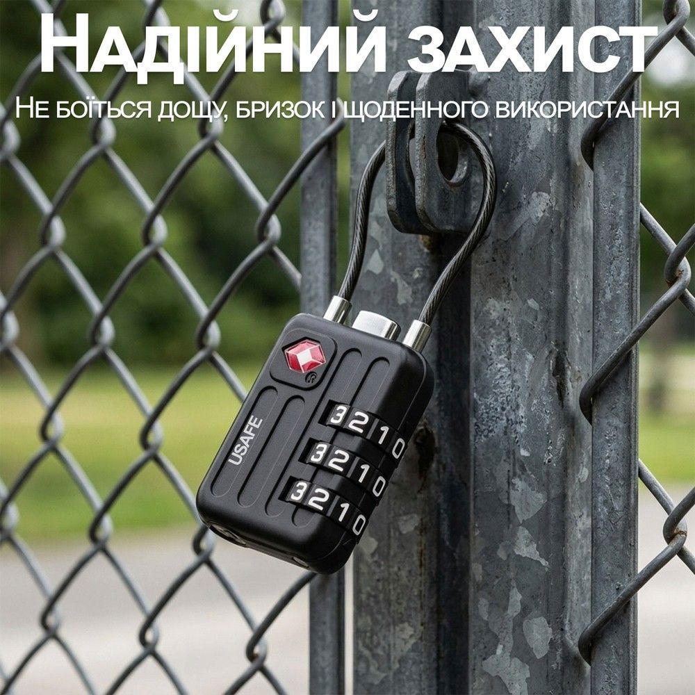 Підвісний замок USafe CP-06-TSA для багажу з гнучким тросом та зі змінним 3-значним кодом та підтримкою TSA ключа