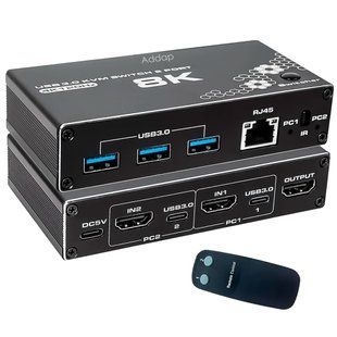 KVM-свитч на 2 компьютера Addap KVMS03 | 2 портовый KVM переключатель, USB, HDMI, 8K 30Hz/4K 120Hz