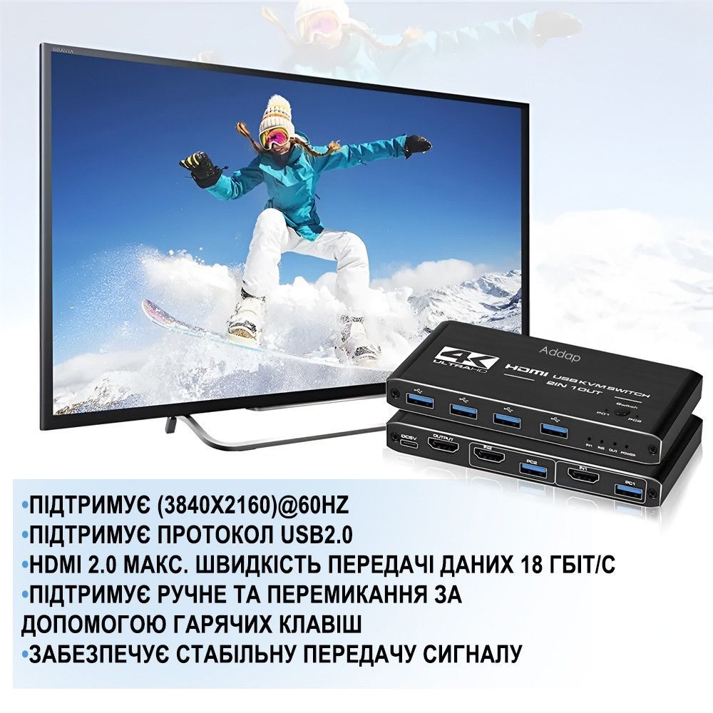2-х портовий KVM-свіч Addap KVMS02 | KVM перемикач для двох компютерів, USB, HDMI, 4K, 60Гц