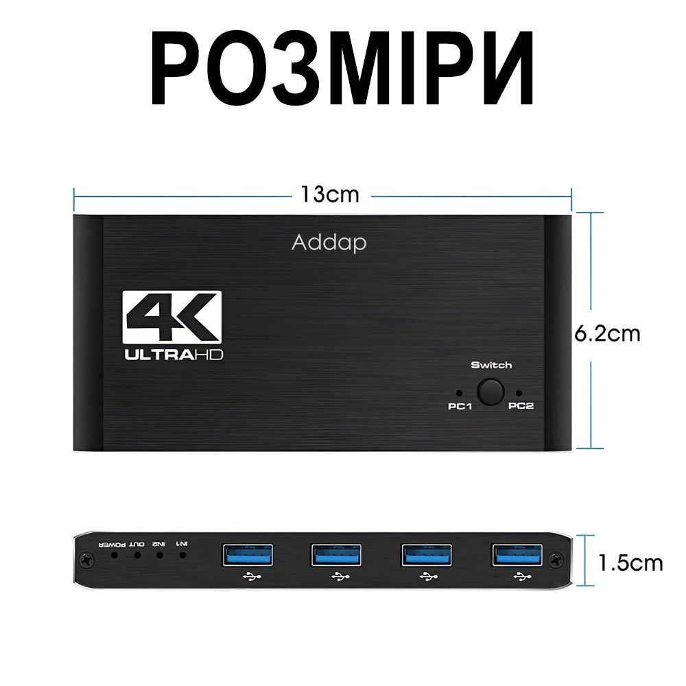 2-х портовий KVM-свіч Addap KVMS02 | KVM перемикач для двох компютерів, USB, HDMI, 4K, 60Гц