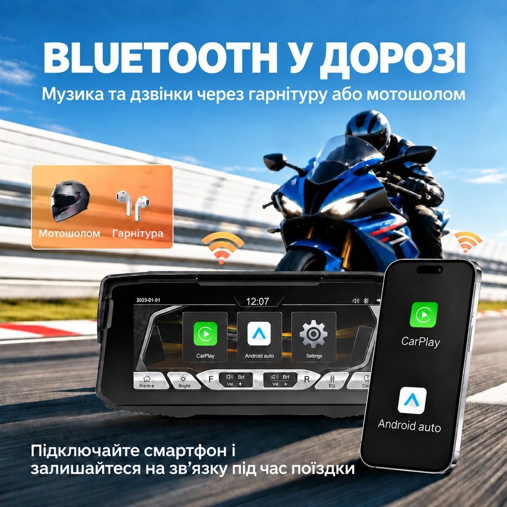 Монитор для мотоцикла 6.86" ​​Podofo A4713 с беспроводным Apple CarPlay, Android Auto, Bluetooth, TPMS и IP67