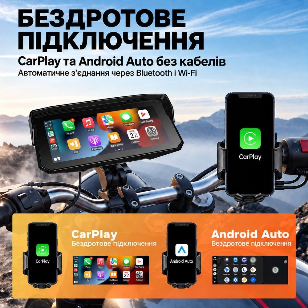 Монитор для мотоцикла 6.86" ​​Podofo A4713 с беспроводным Apple CarPlay, Android Auto, Bluetooth, TPMS и IP67