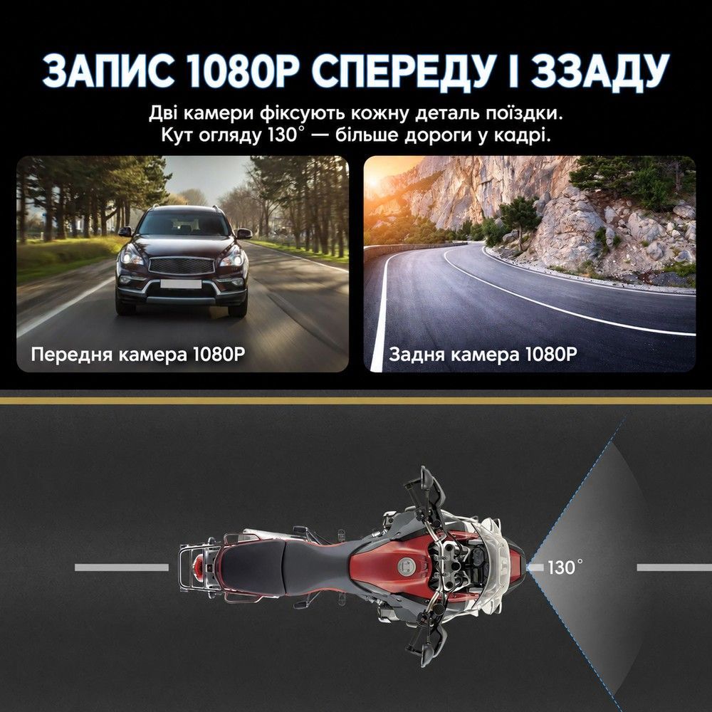 Мотоциклетний відеореєстратор з 2 камерами переднього та заднього огляду Podofo A4535 з Apple CarPlay, Android Auto, Bluetooth,DVR, TPMS та IP67