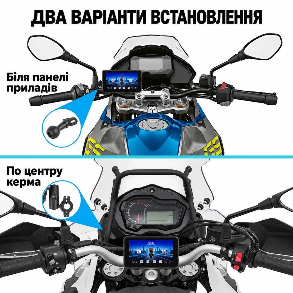 Мотоциклетний відеореєстратор з 2 камерами переднього та заднього огляду Podofo A4535 з Apple CarPlay, Android Auto, Bluetooth,DVR, TPMS та IP67
