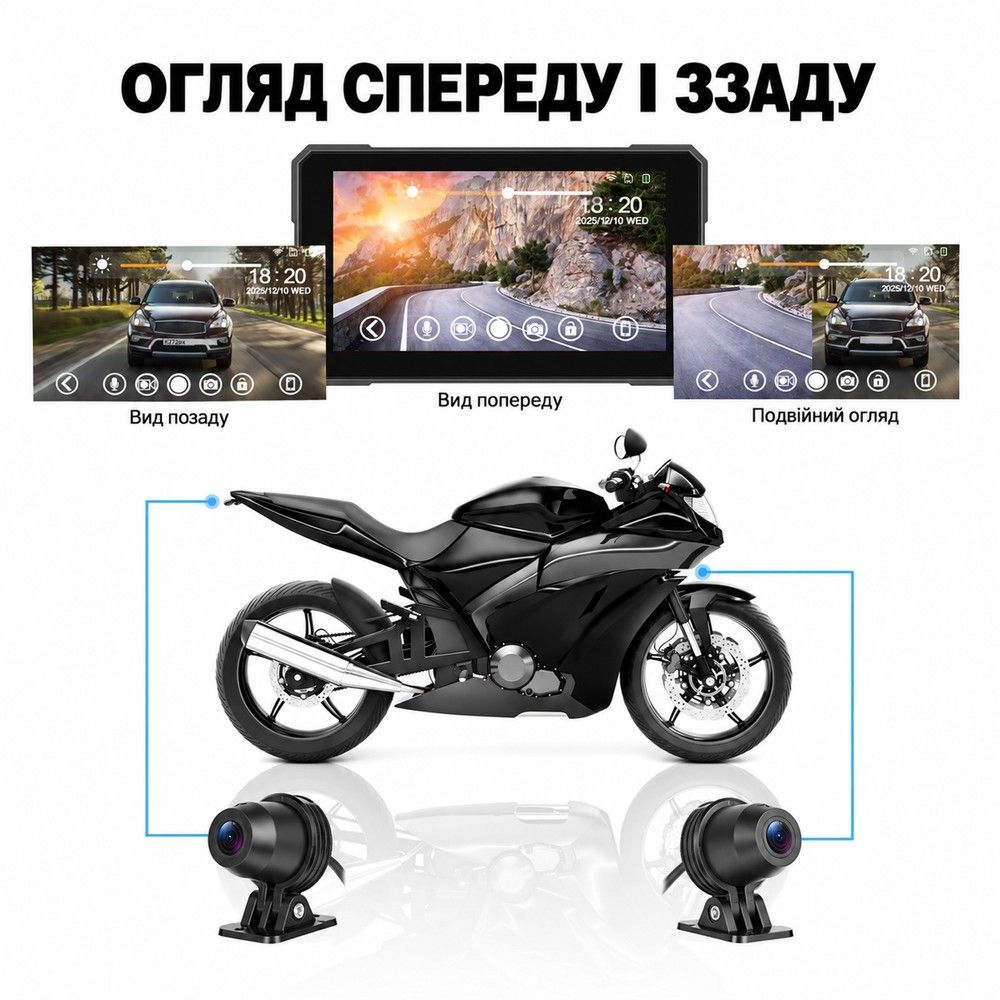 Мотоциклетний відеореєстратор з 2 камерами переднього та заднього огляду Podofo A4535 з Apple CarPlay, Android Auto, Bluetooth,DVR, TPMS та IP67